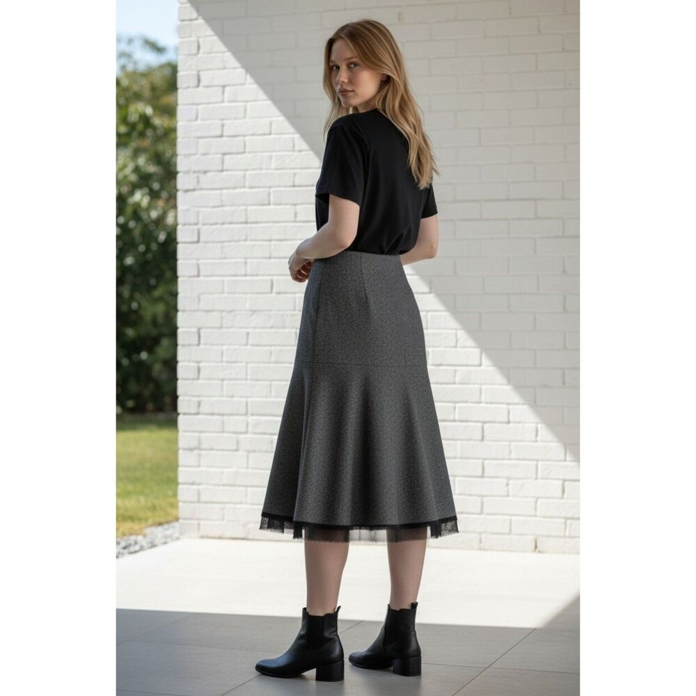 Nine West Black Lace Trim Flare Skirt Womens 2 Micro Pattern Tweed Whimsigoth